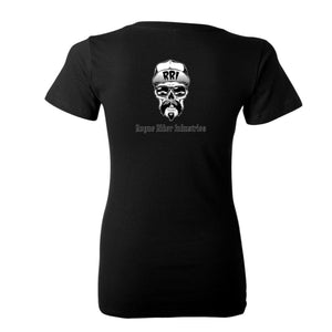 Women's Deep V-Neck Jersey Mr RRI Tee (Black/White Print)-Swag-Rogue Rider Industries-Rogue Rider Industries for Harley Davidson Motorcycles