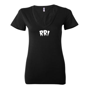 Women's Deep V-Neck Jersey Mr RRI Tee (Black/White Print)-Swag-Rogue Rider Industries-Rogue Rider Industries for Harley Davidson Motorcycles